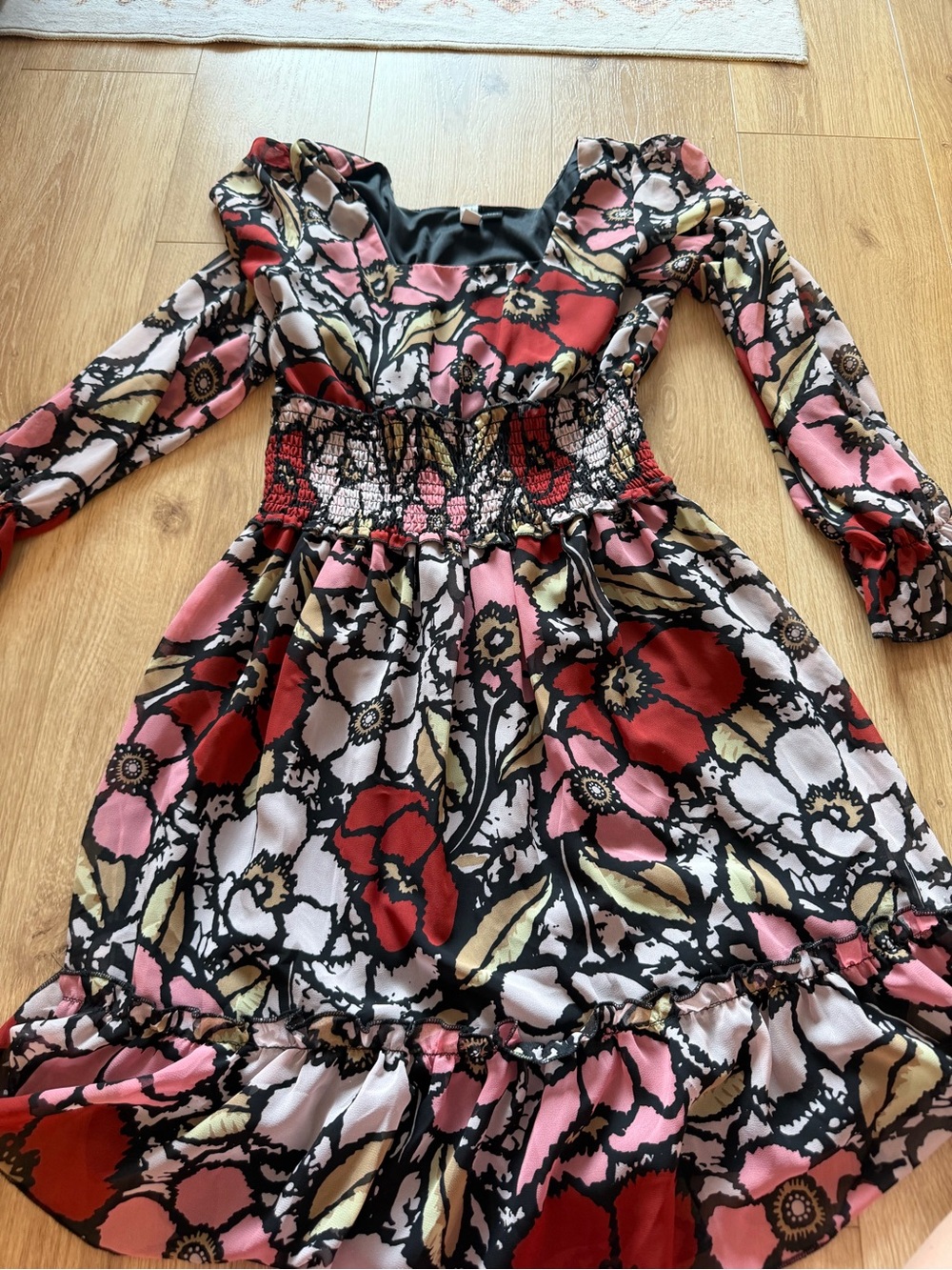 Women’s Floral Long-Sleeve Dress in Red, Pink & Black